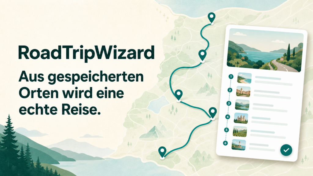 RoadTripWizard Vorschau mit Reiseplanung und Kartenansicht